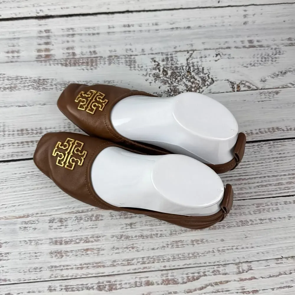 Tory Burch Britten Womens US 5M Ballet Flats Brown Leather Gold Logo